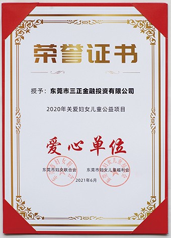 6月3日上午，東莞市婦聯(lián)聯(lián)合市委組織部、市直工委、市婦女兒童福利會共同啟動了2021年東莞市婦女兒童“黨群公益匯”活動。啟動議式上，三正金融投資公司被授予“愛心單位”榮譽證書。